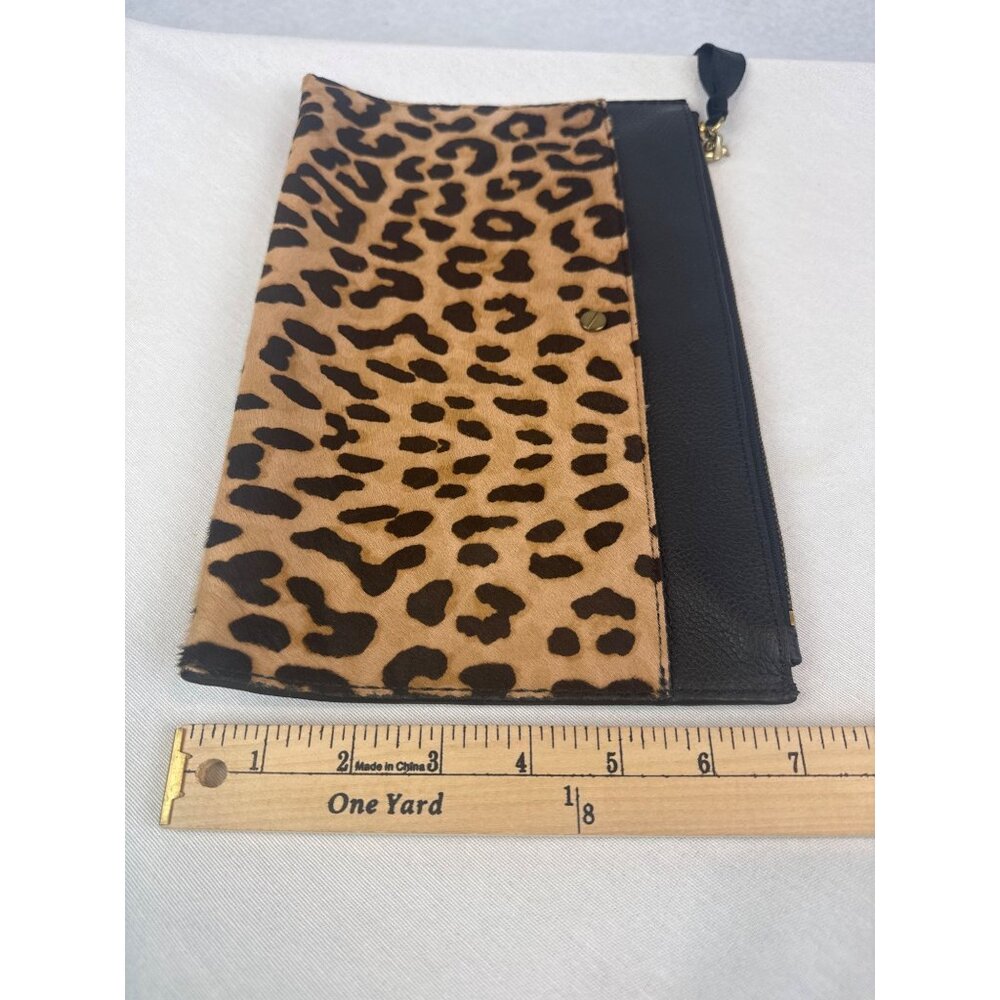 J Crew Black Leather Calf Hair Leopard Print Clutch Brass Accents Zipper - Picture 11 of 11